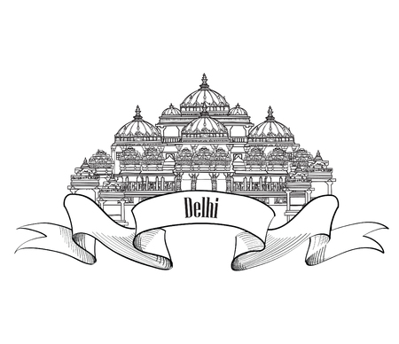Delhi travel label.  Indian Landmark symbol. Akshardham, Delhi, India.のイラスト素材