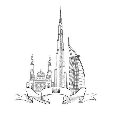 Travel UAE symbol. Dubai city label.のイラスト素材