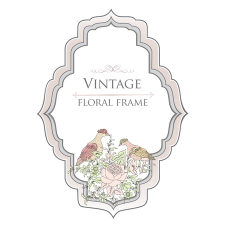 Frame. Floral spring card. Birds and  flowers on white backgroundのイラスト素材