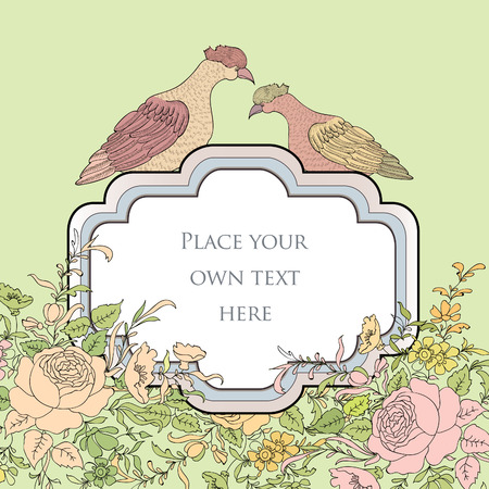 Frame over floral background. Flourish border with birdsのイラスト素材