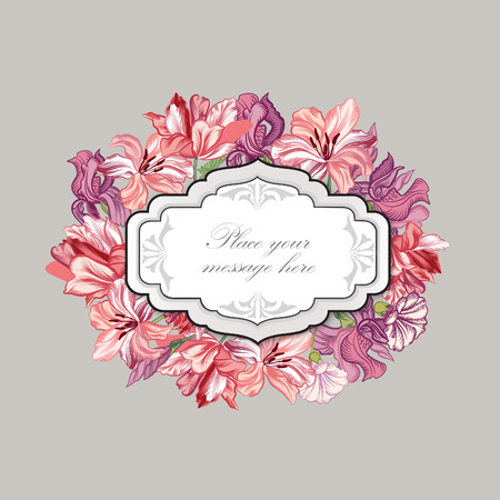 Floral border. Flower bouquet background. Vintage flourish spring card or cover.のイラスト素材