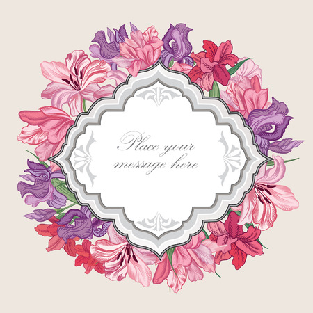 Floral frame. Flower bouquet background. Vintage flourish spring card or cover.のイラスト素材