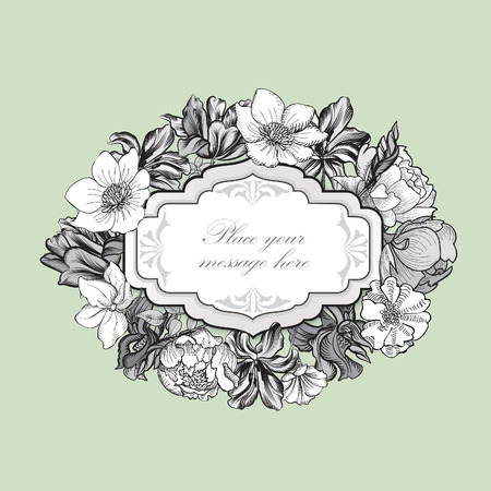 Floral frame. Flower bouquet background. Vintage flourish spring card or cover.のイラスト素材