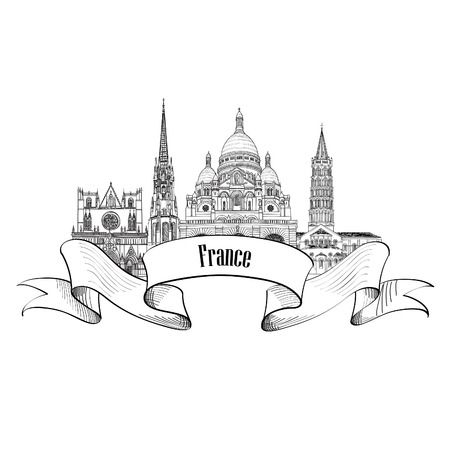 France label. Famous french architectural landmarks. Visit France banner.のイラスト素材