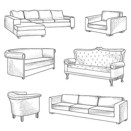 Furniture set. Interior detail outline sketch collection: bed, sofa, settee, armchair.のイラスト素材