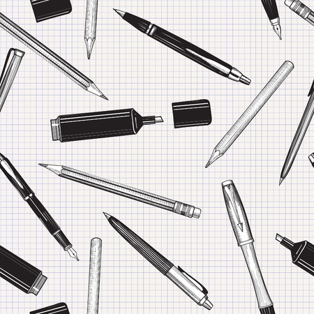 Pen set seamless pattern. Hand drawn vector. Pencils, pens and marker collection isolated over paper tiled background.のイラスト素材