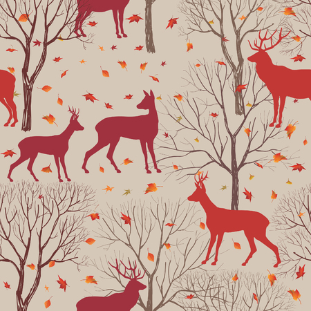 Animals in autumn forest pattern. Fall leaves and trees seamless background. Deer Vintage Christmas elements. Reindeer seamless pattern background. Editable vector texture.のイラスト素材
