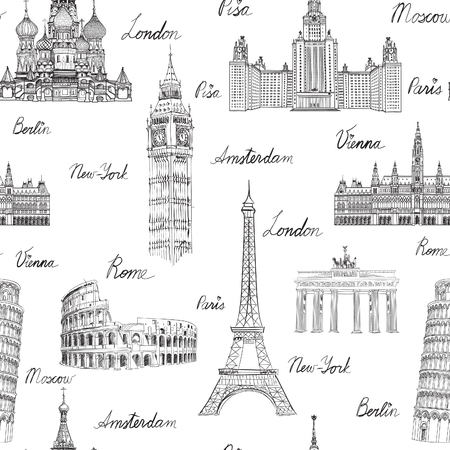 Travel seamless pattern. Vacation in Europe wallpaper. Travel to visit famous places of Europe background. Landmark tiled grunge pattern.のイラスト素材