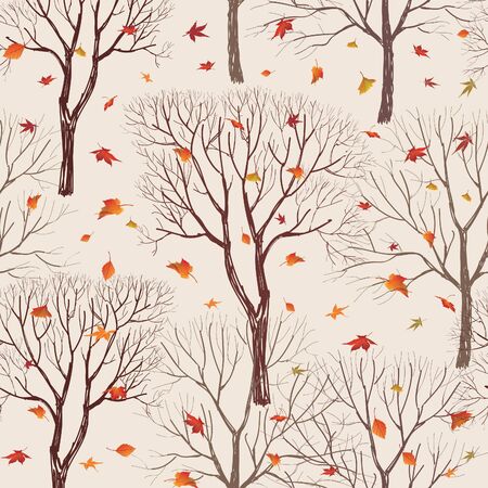 Autumn forest pattern. Fall leaves and trees seamless background. Vintage Christmas elements. Plant floral seamless pattern background. Editable vector texture.のイラスト素材