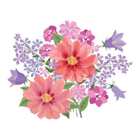 Flower bouquet. Floral frame. Flourish greeting card. Blooming flowers isolated on white backgroundのイラスト素材