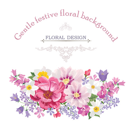 Floral frame with summer flowers. Floral bouquet with rose, narcissus, carnation, lilac and wildflower. Vintage Greeting Card with flowers. Watercolor flourish border. Floral background. Floral frame with summer flowers. Floral bouquet with rose, narcissus, carnation, lilac and wildflower. Vintage Greeting Card with flowers. Watercolor flourish border. Floral background.