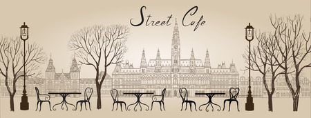 Street cafe in old town graphic illustration. Old cown views and street cafes. Dining hours along a Vienna cobblestone alleyのイラスト素材