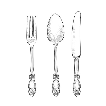 Fork, Knife, Spoon sketch set. Cutlery hand drawing collection. Catering engraved vector illustration. Restraunt  symbolのイラスト素材