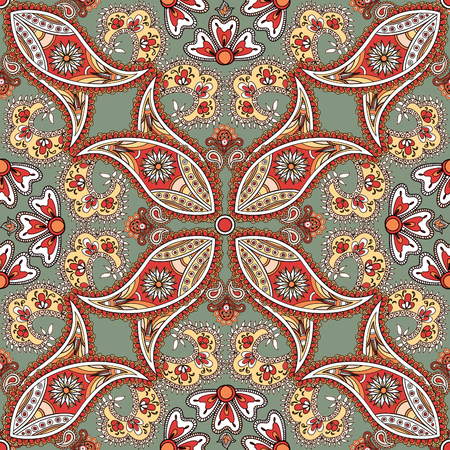 Flourish tiled pattern. Abstract floral geometric seamless oriental background. Indian fabric pattern.のイラスト素材