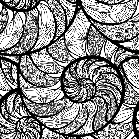 Abstract ornamental spiral seamless black and white outline pattern. Stylish seashell nautilus textured ocean wave geometric backgroundのイラスト素材