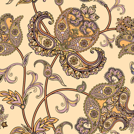 Floral pattern Flourish tiled oriental ethnic background. Arabic ornament with fantastic flowers and leaves. Wonderland ornamental motives of the paintings of ancient Indian fabric patterns.のイラスト素材