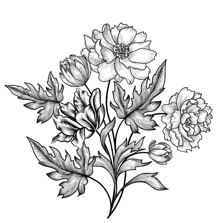 Floral frame set with summer flowers. Floral bouquet with rose. Vintage Greeting Card with flowers  Flourish border. Floral background.のイラスト素材