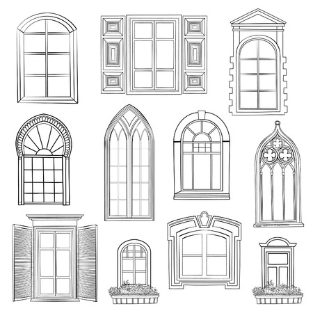 Window set. Different architectural style of windows doodle sketch stylish collectionのイラスト素材