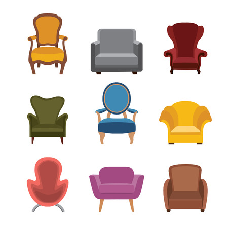Chairs and armchairs icons set. Furniture collection of different armchairs in flat style.のイラスト素材