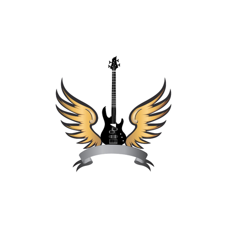 Rock music symbol. Electric guitar with wings. Winged guitar with ribbon for band or festival name. Vintage vector label  illustrationのイラスト素材