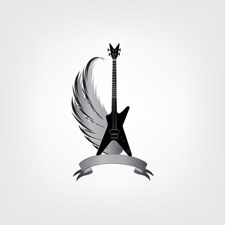 Rock music symbol. Electric guitar with wings. Winged guitar with ribbon for band or festival name. Vintage vector label  illustrationのイラスト素材