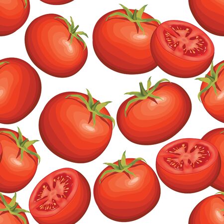 Tomato over white background. Vegetable seamless pattern. Autumn harvest tiled agriculture ornamental wallpaper.のイラスト素材