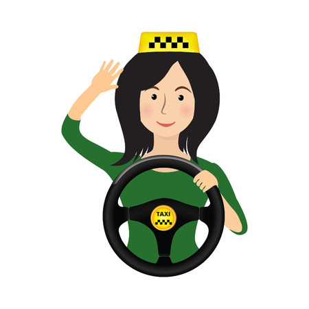 Taxi driver girl holding wheel. Concept background banner for order a taxi. Cartoon illustration of the trip in a taxi.のイラスト素材