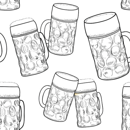 Beer seamless pattern. Ornamental background with beer mug. Beer glass sketch. Octoberfest beer fest patternのイラスト素材