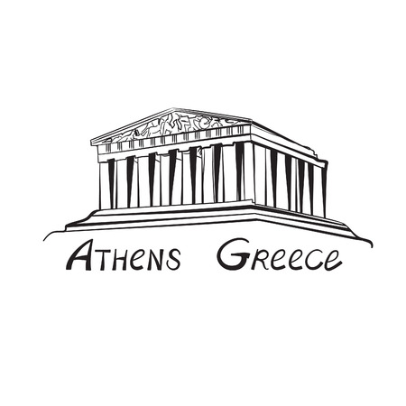 Travel Greece sign. Athens famous landmark building with hand drawn lettering Athens, Greece.のイラスト素材