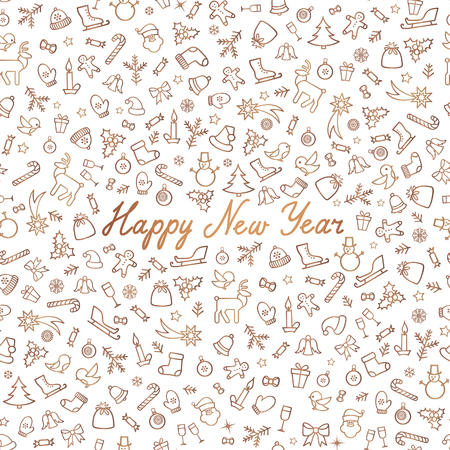 Christmas Icons Seamless Pattern. Happy Winter Holiday Wallpaper. Winer Holiday Greeting Card with handwritten Lettering HAPPY NEW YEARのイラスト素材