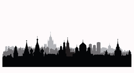 Moscow city buildings silhouette. Russian urban landscape. Moscow cityscape with landmarks. Travel Russia backgroundのイラスト素材
