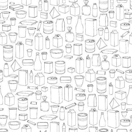 Pack seamless pattern. Different package outline doodle drawn icon tile background.のイラスト素材
