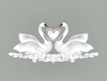 Birds in love with floral decoration. Couple of swans. Two love hearts concept illustration. Good for wedding, St Valentine greeting card decor, marriage annivesary design background.のイラスト素材