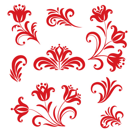 Floral pattern decor element set. Ornamental flower over white background. Russian traditional native floral ornament.のイラスト素材