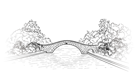 Bridge in park view. city garden lanscape.  Engraving retro nature skyline. Doodle line art illustration.のイラスト素材