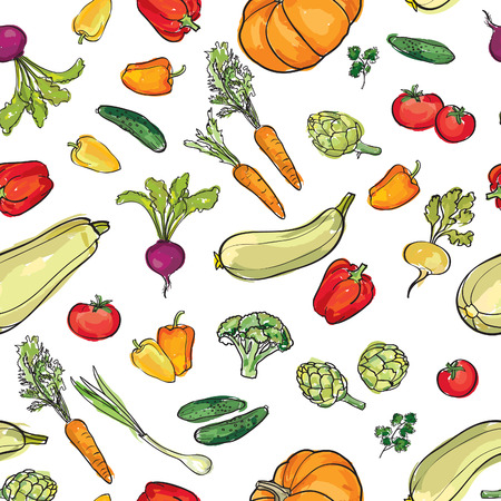 Food ingredient seamless watercolor pattern. Vegetable background. Farm fresh food ornamental decorのイラスト素材