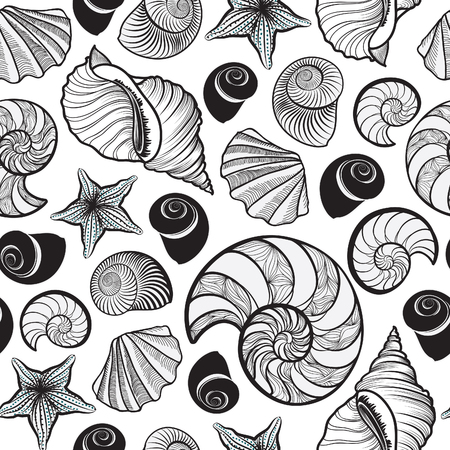 Seashell seamless pattern. Summer holiday marine background. Underwater ornamental textured sketching wallpaper with sea shells, sea star and sand.のイラスト素材