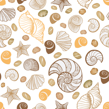 Seashell seamless pattern. Summer holiday marine background. Underwater ornamental textured sketching wallpaper with sea shells, sea star and sand.のイラスト素材