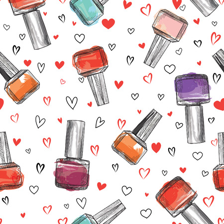 Beauty salon seamless pattern. Nail polish bottle background. Love Manicure signのイラスト素材