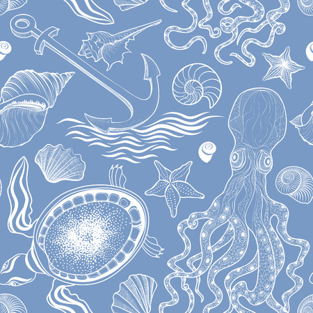 Marine life seamless pattern. Seashell, turtle, octopus. Ocean  backgroundのイラスト素材