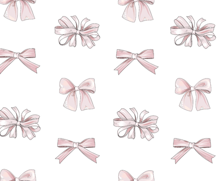 Bow tiled pattern. Bride team bo icons. Holiday gift wallpaper. Girlish fashion white background.のイラスト素材