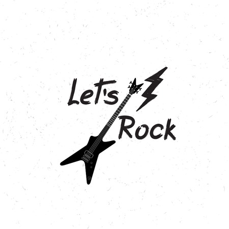 Rock music banner. Musical sign background. Let's rock lettering with lightning and guitar. Rock'n' roll label.のイラスト素材