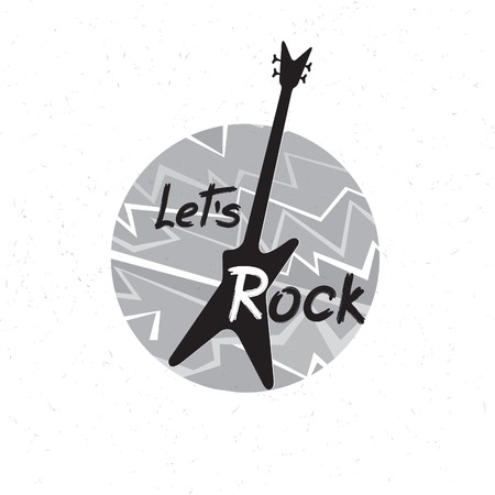 Rock music banner. Musical sign.  Let's rock lettering with guitar. Rock'n' roll label.のイラスト素材