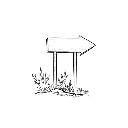 Wooden road arrow sign. Retro engraving plank signboard. Outdoor sign point sketchのイラスト素材
