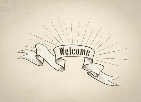 Welcome sign over ribbon, retro background. Vintage doodle banner for shop, cafe, restaurant, storeのイラスト素材