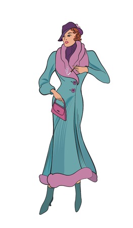 Woman with cigarette in stylish retro coat. Retro dress in vintage style 1930's. Portrait of an attractive girl in hat. Fashion illustration isolated on white background.のイラスト素材