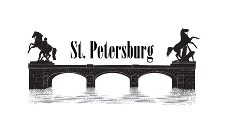 St. Petersburg city symbol, Russia. Anichov bridge landmark silhouette, Fontanka river view. Russian cityscape vector background.のイラスト素材