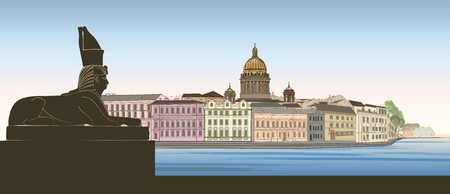 St. Petersburg city, Russia. Saint Isaac's cathedral skyline with Egyptian Sphinx monument landmark silhouette, Neva river view. Russian cityscape background.のイラスト素材
