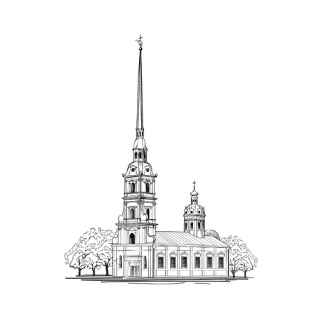 Saint-Petersburg city, Russia. Saint Peter and Paul Cathedral building sketch. Russian travel background.のイラスト素材