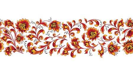 Floral seamless pattern design element. Flower border ornament. Ornamental flourish background, ethnic russian style over white  background. のイラスト素材
